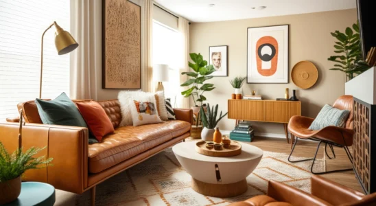 Sala estilo mid century com cores quentes - Foto Freepik