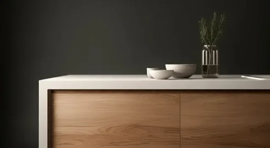 Cozinha com bancada em L em corian branco