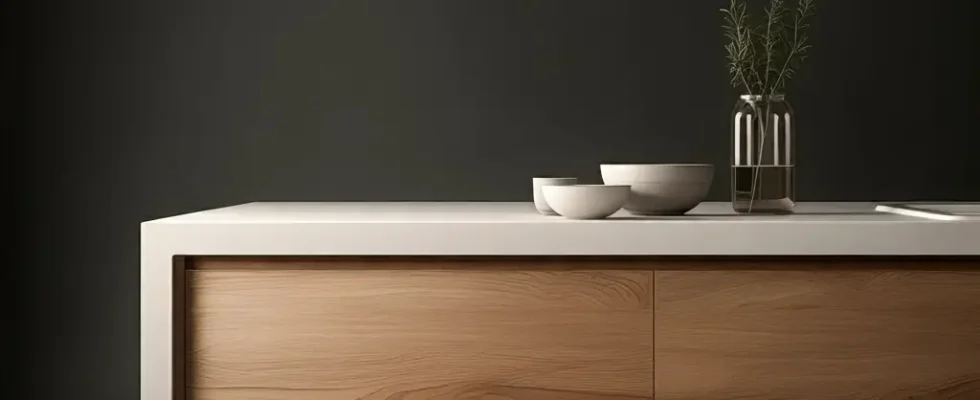 Cozinha com bancada em L em corian branco