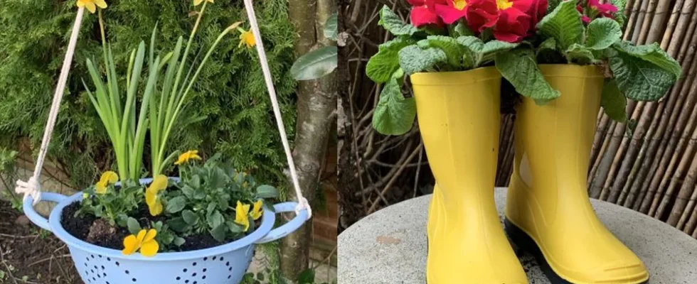 jardim com itens recicláveis