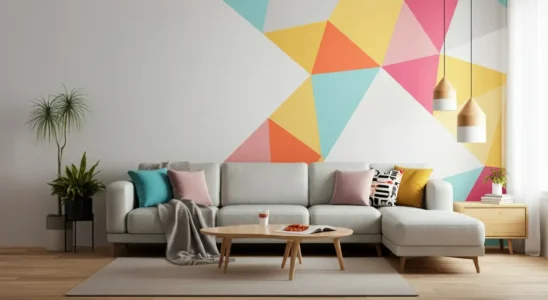 Sala de estar com pintura geométrica atrás do sofá