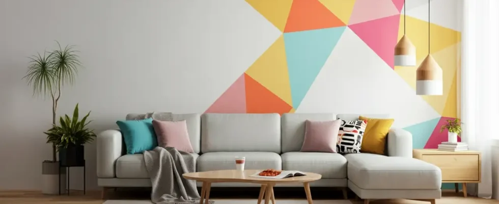 Sala de estar com pintura geométrica atrás do sofá